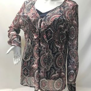 INC Navy Paisley Sheer Ruffle Blouse L